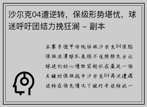 沙尔克04遭逆转，保级形势堪忧，球迷呼吁团结力挽狂澜 - 副本